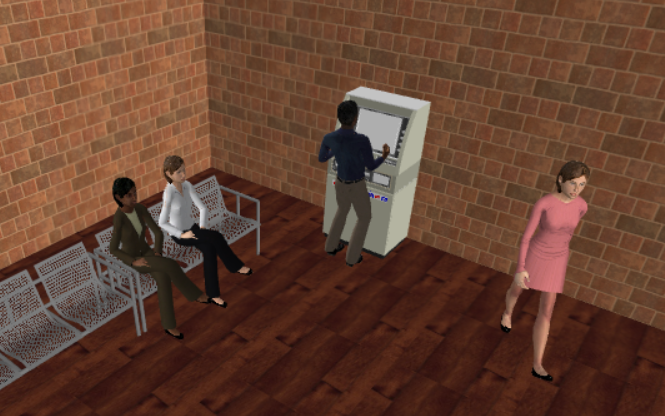 Animated people in a ATM facility.