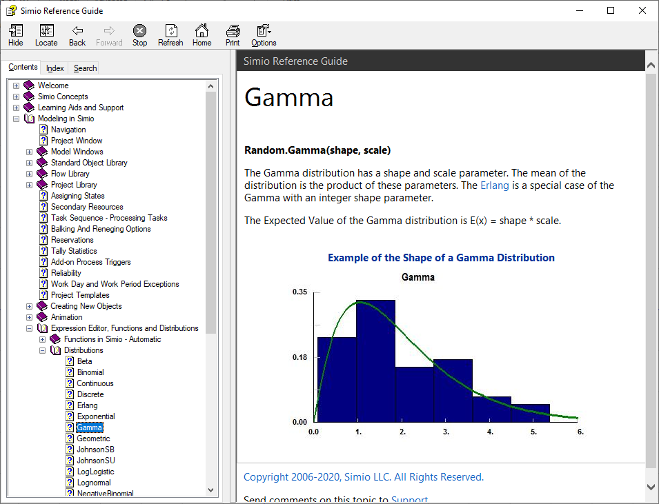 Gamma-distribution entry in the Simio Reference Guide.