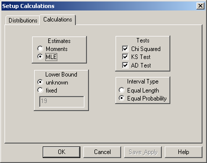 Stat::Fit Setup Calculations window, Calculations tab.