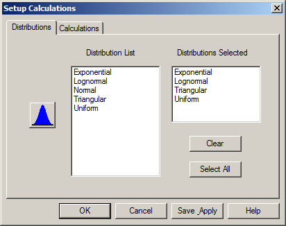 Stat::Fit Setup Calculations window, Distributions tab.