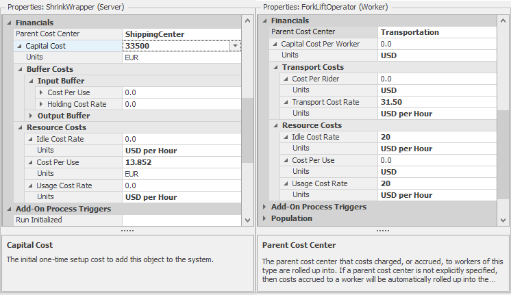 Financial properties on Server (left) and Worker.