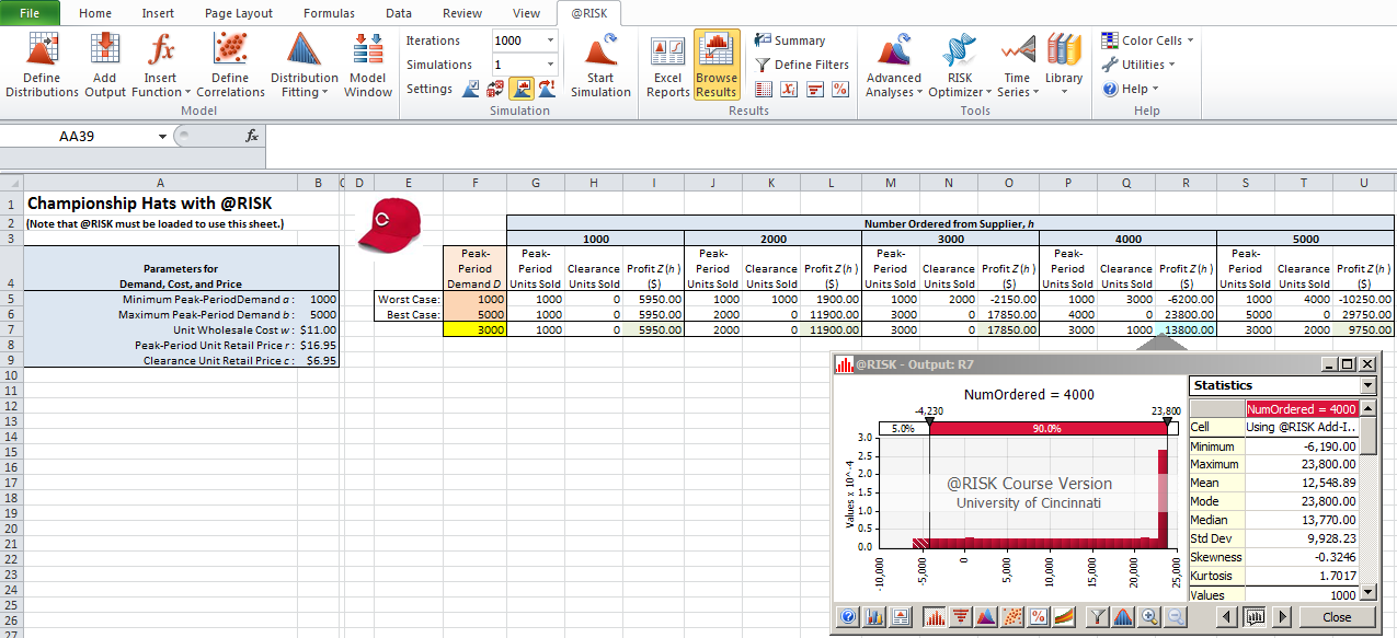 Single-period inventory spreadsheet simulation using Palisade add-in.