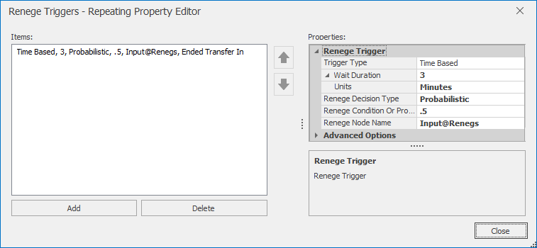 Renege Triggers properties for Model 10-3.