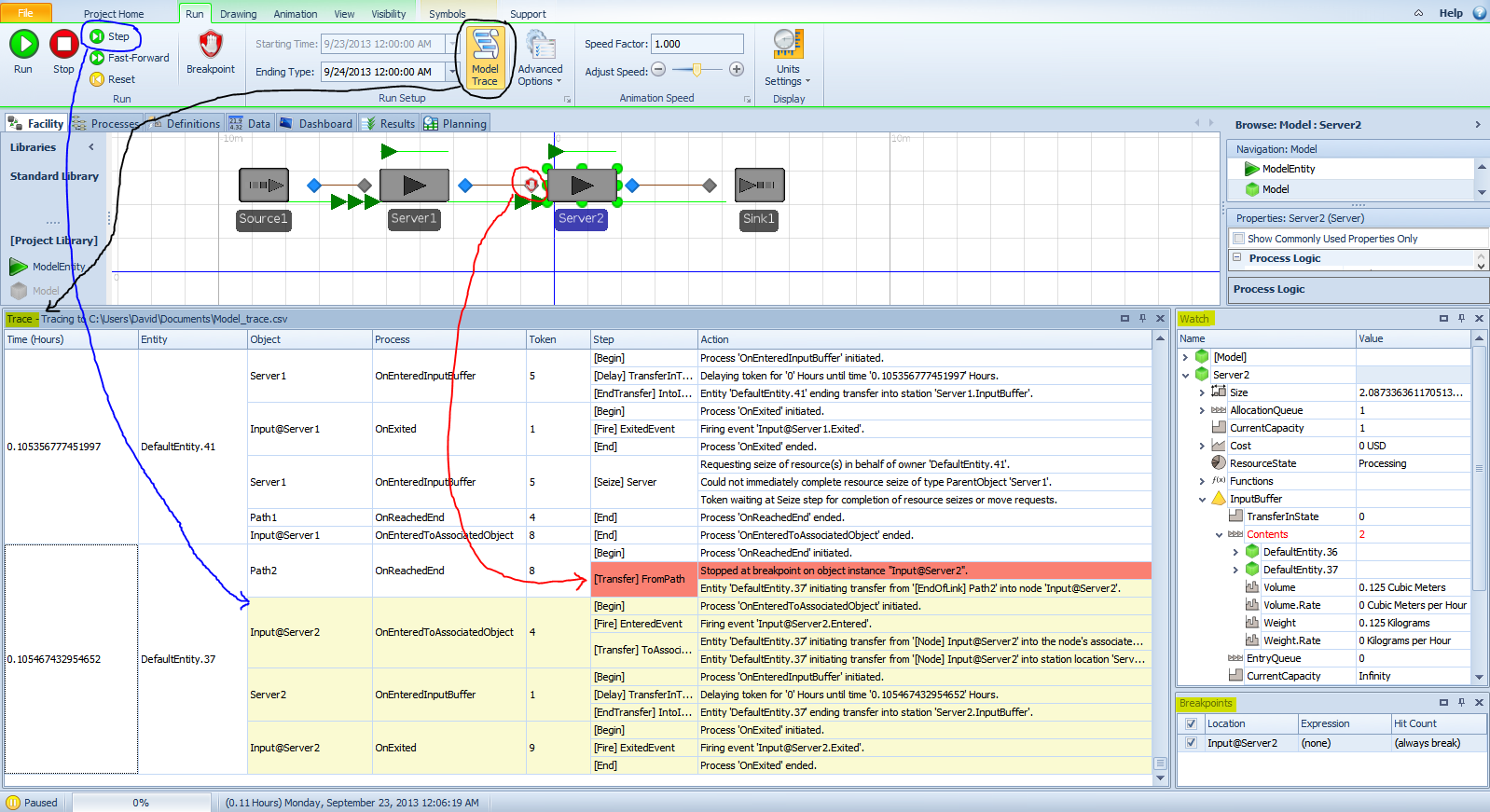 Using trace, watch, and break windows in custom layout.