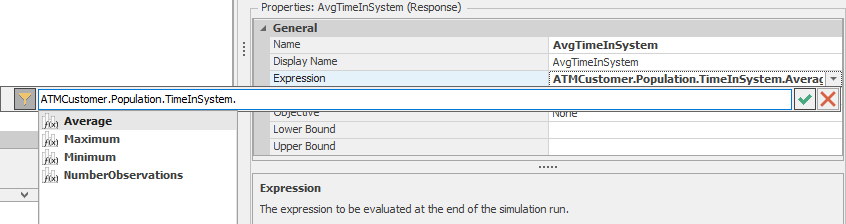 Using the Simio expression builder for the average-time-in-system Response for a SMORE plot.