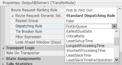 Example of some of the dispatching rules built into Simio Transfer nodes.
