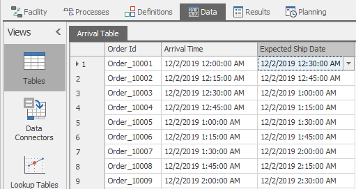 Model 12-1 ArrivalsTable after import from CSV file.