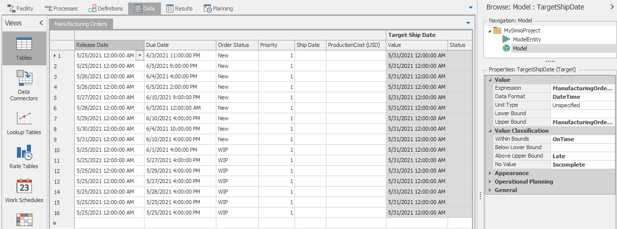 Defining a target based on table states and properties.