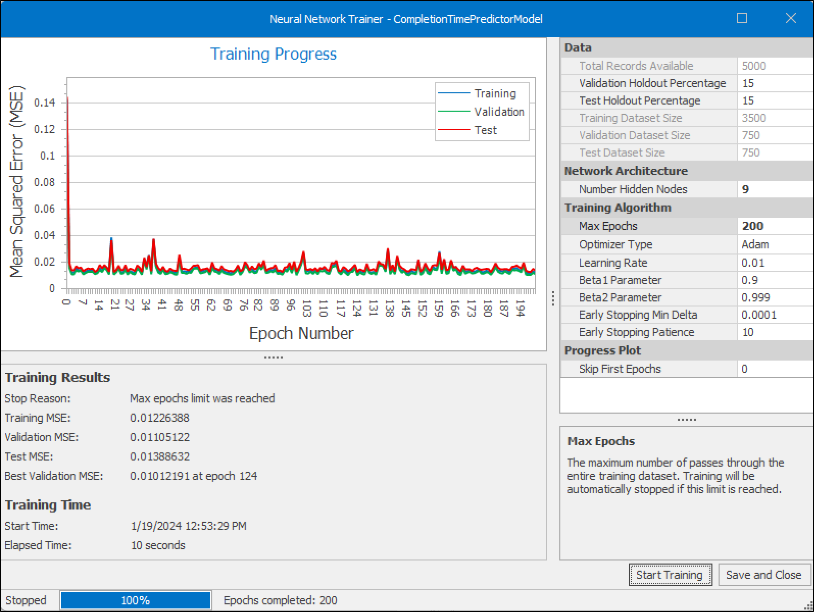 Neural Network Trainer displaying convergence of Mean Squared Error (MSE).