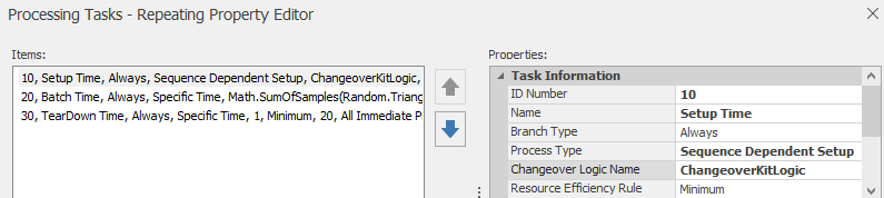 Task Changeover Properties