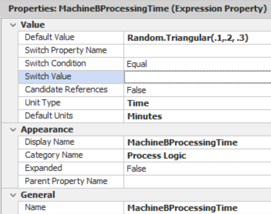 Machine B Processing Time Property Values