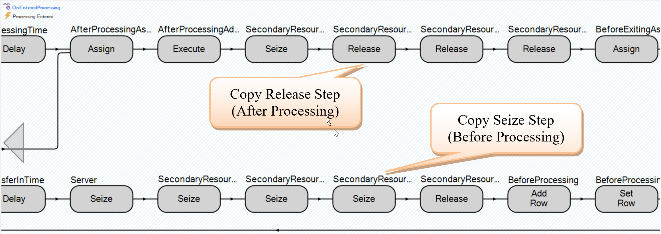 Copy  <span class='custom-font'>*Seize*</span>  and  <span class='custom-font'>*Release*</span>  Steps from the **MyServer’s** *OnEnteredProcessing* Process